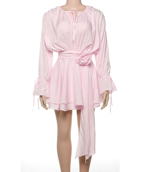 Romantic Pink Rose Mini Dress: Flared Sleeves & Ruched Charm for Fall Parties