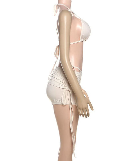 Chic Halter Tie-Side Ruched Shorts Set - Your Go-To for Fall Vacations & Winter Getaways