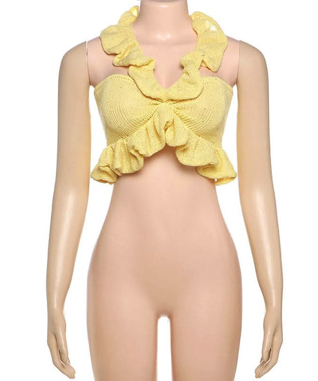 Trendy Sunshine Yellow Ruffle Knit Halter Crop Top | Effortless Fall Style & Resort Ready