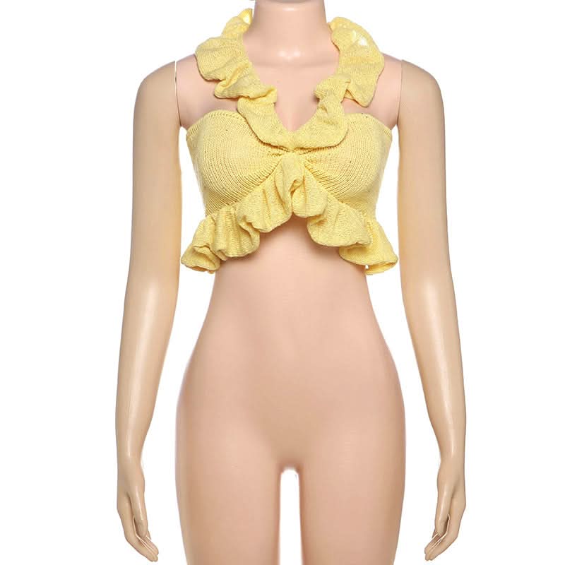 Trendy Sunshine Yellow Ruffle Knit Halter Crop Top | Effortless Fall Style & Resort Ready