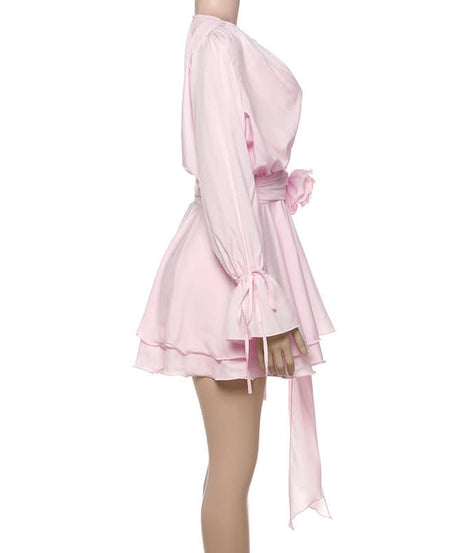 Romantic Pink Rose Mini Dress: Flared Sleeves & Ruched Charm for Fall Parties