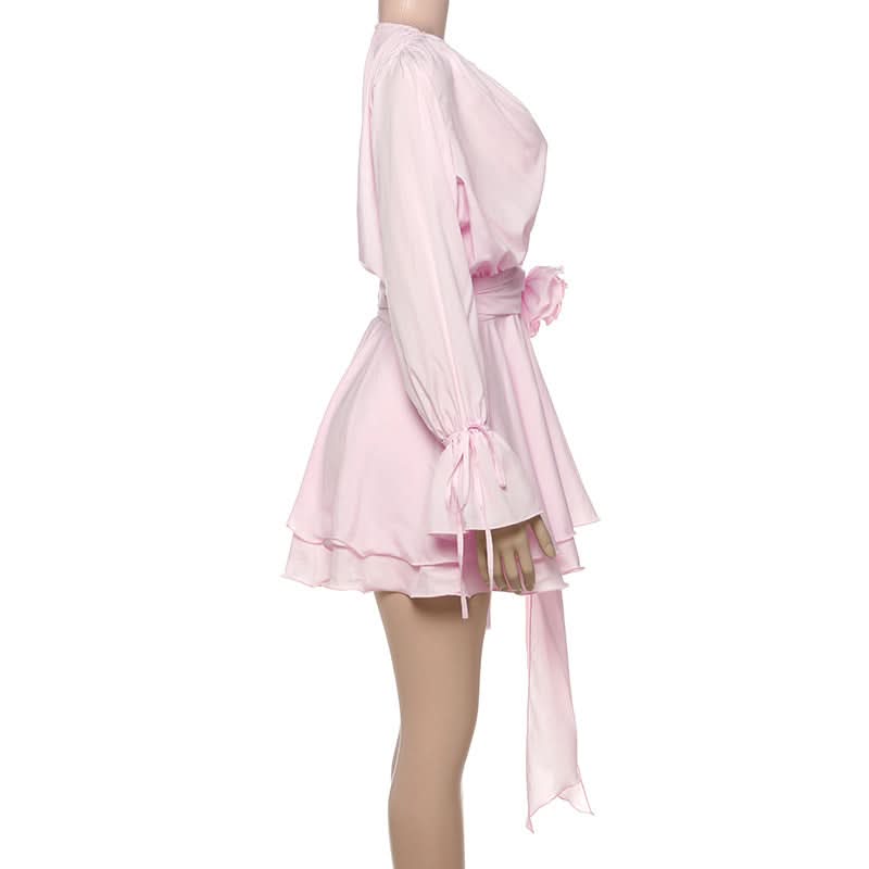 Romantic Pink Rose Mini Dress: Flared Sleeves & Ruched Charm for Fall Parties