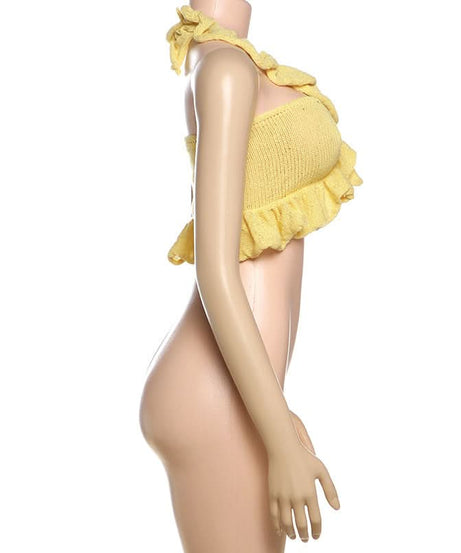 Trendy Sunshine Yellow Ruffle Knit Halter Crop Top | Effortless Fall Style & Resort Ready