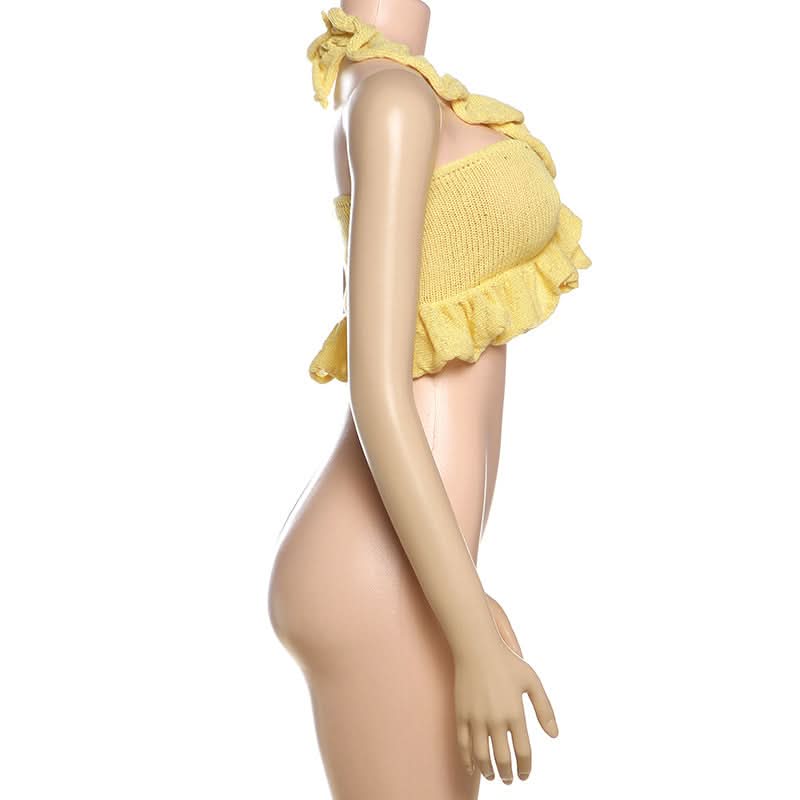 Trendy Sunshine Yellow Ruffle Knit Halter Crop Top | Effortless Fall Style & Resort Ready