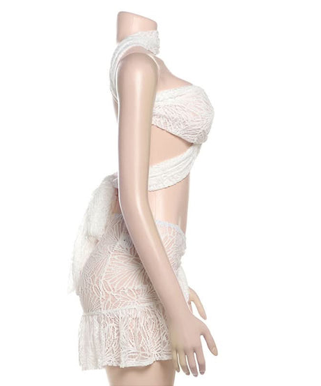 Stunning White Lace Criss-Cross Crop Top & Ruffled Mini Skirt Set - Your Ultimate Resort & Holiday Escape Look