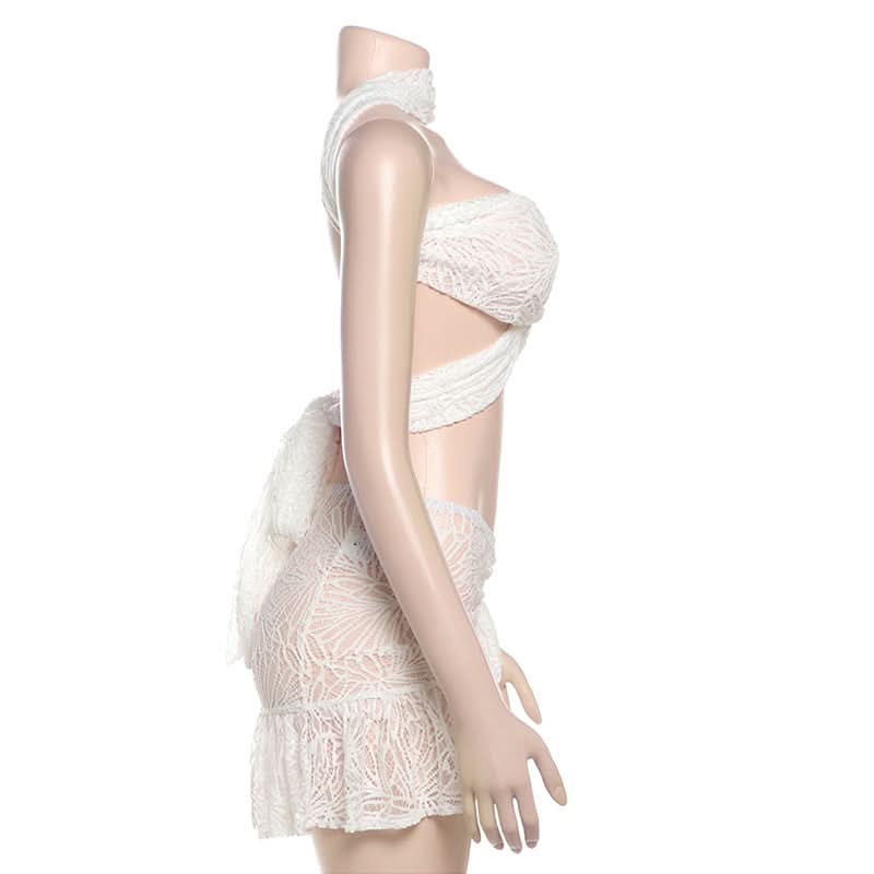 Stunning White Lace Criss-Cross Crop Top & Ruffled Mini Skirt Set - Your Ultimate Resort & Holiday Escape Look