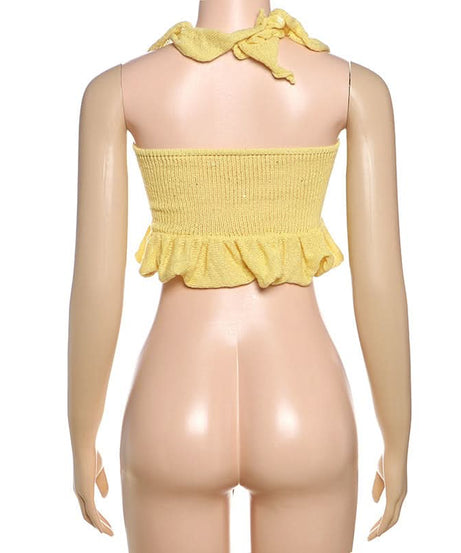 Trendy Sunshine Yellow Ruffle Knit Halter Crop Top | Effortless Fall Style & Resort Ready