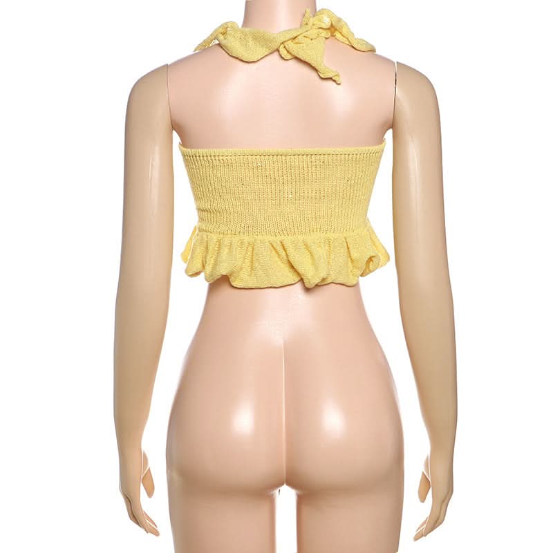 Trendy Sunshine Yellow Ruffle Knit Halter Crop Top | Effortless Fall Style & Resort Ready