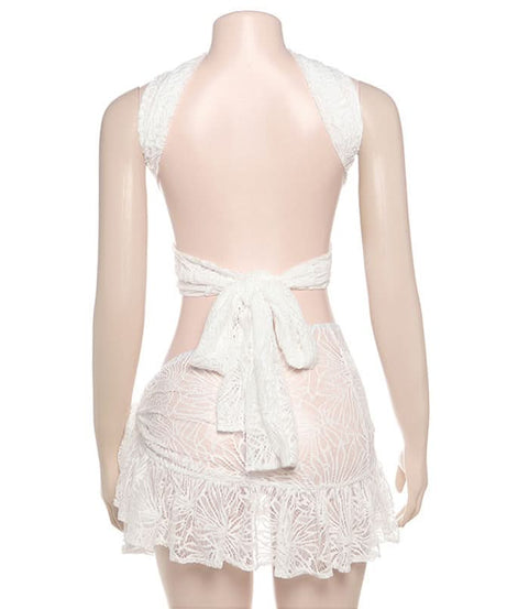 Stunning White Lace Criss-Cross Crop Top & Ruffled Mini Skirt Set - Your Ultimate Resort & Holiday Escape Look