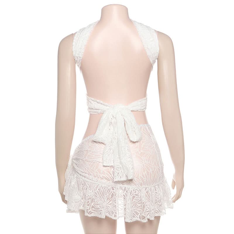 Stunning White Lace Criss-Cross Crop Top & Ruffled Mini Skirt Set - Your Ultimate Resort & Holiday Escape Look