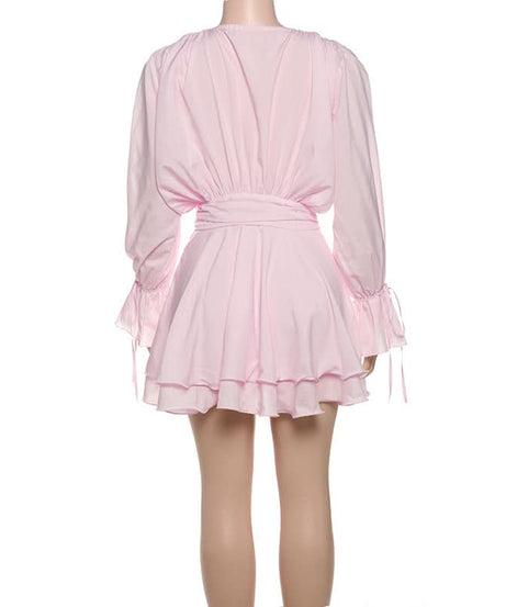 Romantic Pink Rose Mini Dress: Flared Sleeves & Ruched Charm for Fall Parties