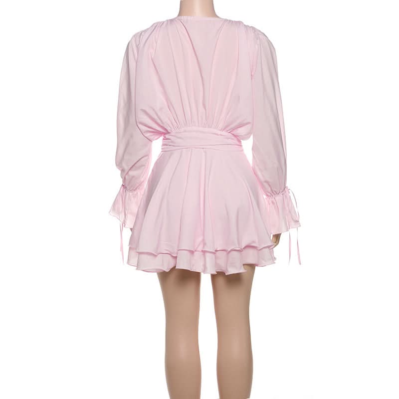 Romantic Pink Rose Mini Dress: Flared Sleeves & Ruched Charm for Fall Parties