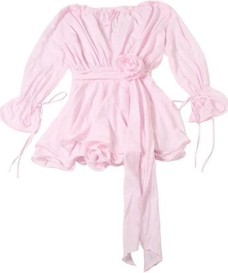 Romantic Pink Rose Mini Dress: Flared Sleeves & Ruched Charm for Fall Parties