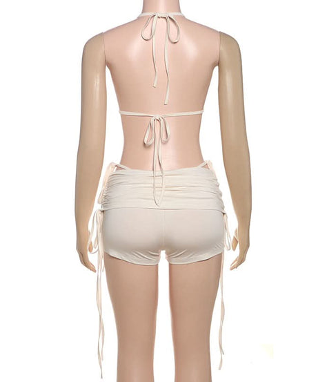 Chic Halter Tie-Side Ruched Shorts Set - Your Go-To for Fall Vacations & Winter Getaways