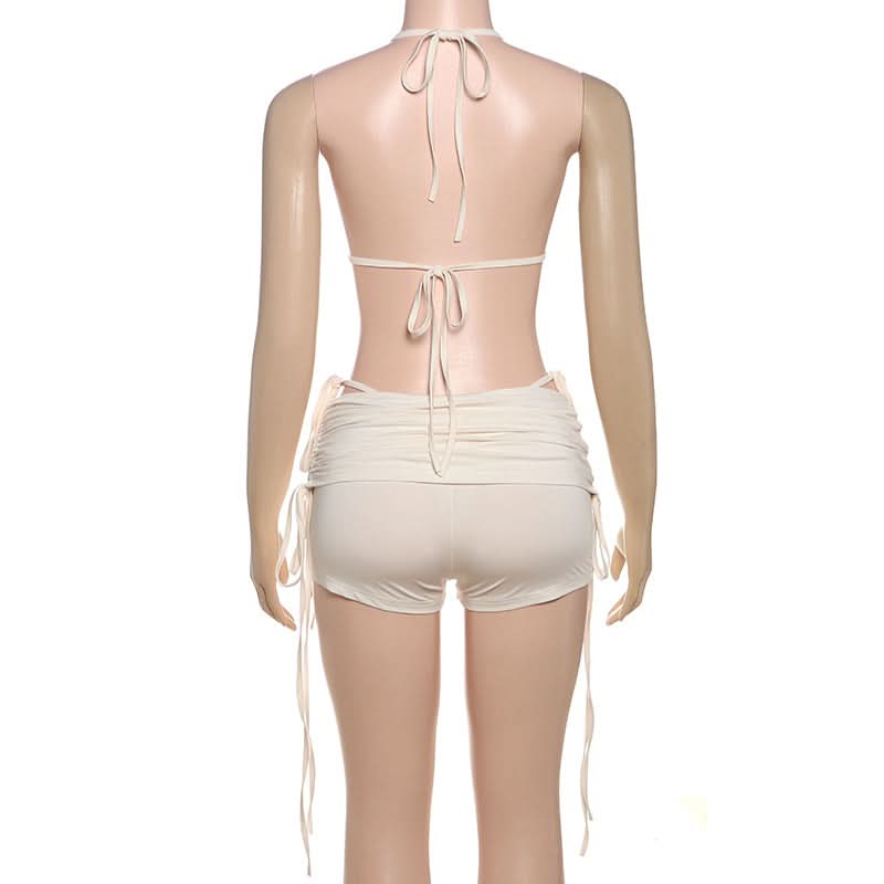 Chic Halter Tie-Side Ruched Shorts Set - Your Go-To for Fall Vacations & Winter Getaways