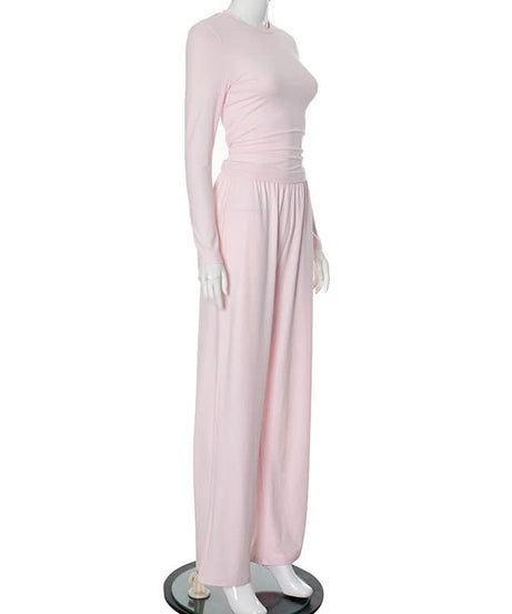 Cozy Fall Comfort: Blush Pink Long Sleeve Top & Wide Leg Pant Lounge Set for Women