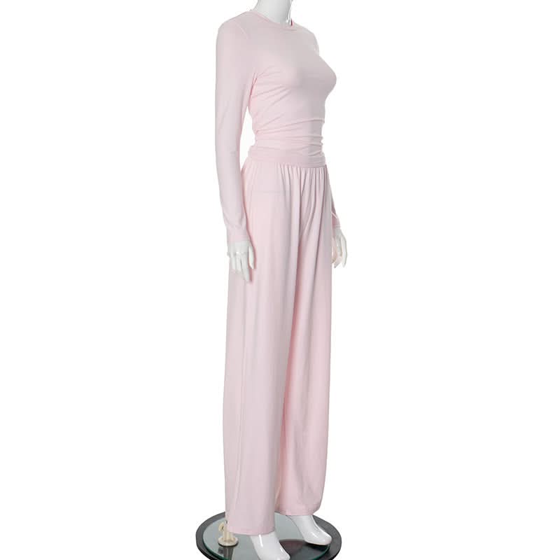 Cozy Fall Comfort: Blush Pink Long Sleeve Top & Wide Leg Pant Lounge Set for Women