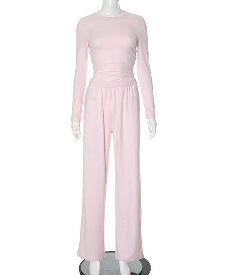Cozy Fall Comfort: Blush Pink Long Sleeve Top & Wide Leg Pant Lounge Set for Women