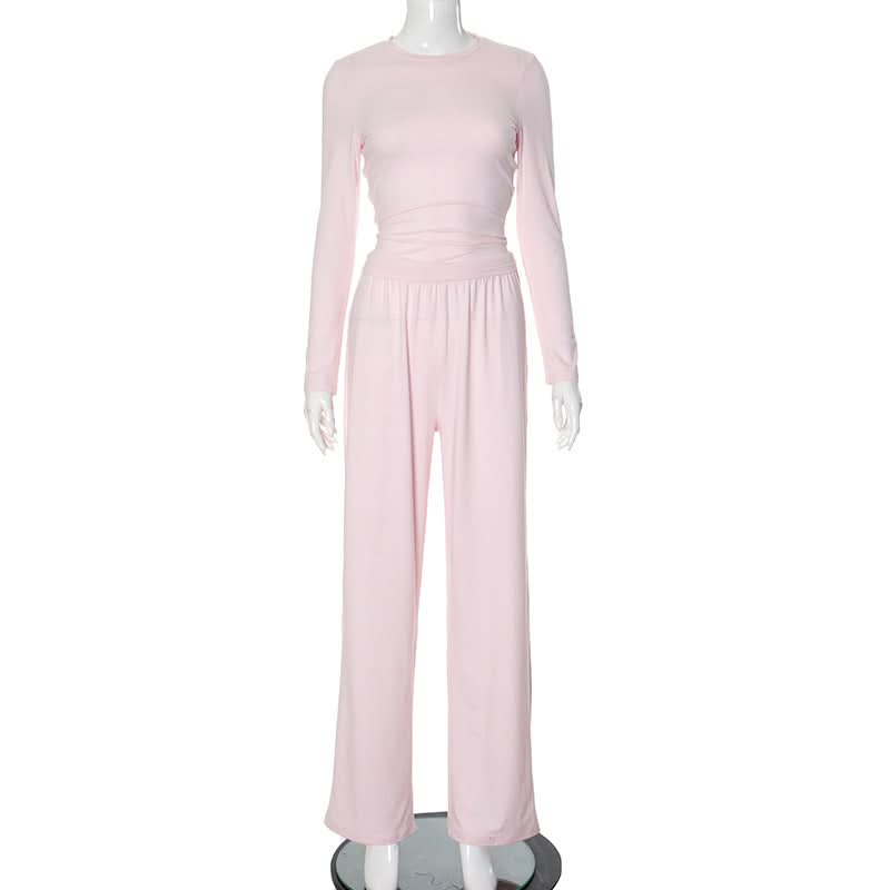 Cozy Fall Comfort: Blush Pink Long Sleeve Top & Wide Leg Pant Lounge Set for Women