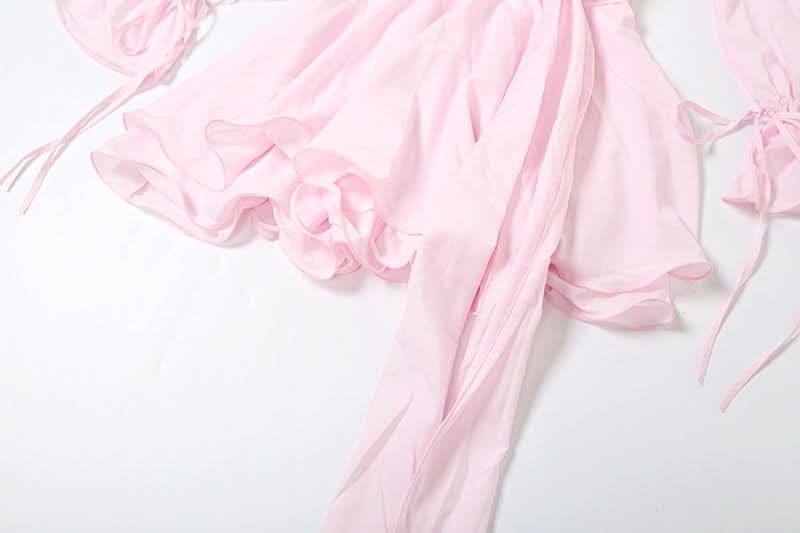 Romantic Pink Rose Mini Dress: Flared Sleeves & Ruched Charm for Fall Parties