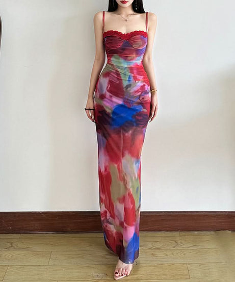 Watercolor Bloom Mesh Maxi Dress with Lace Bustier - Your Fall/Winter Gala & Holiday Party Statement