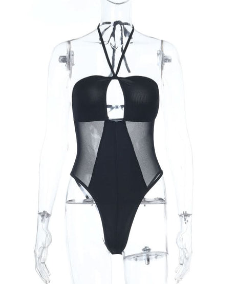 Sultry Black Halter Mesh Bodysuit | Daring Cutout & Sheer Panels - Perfect for Fall Nights & Halloween!