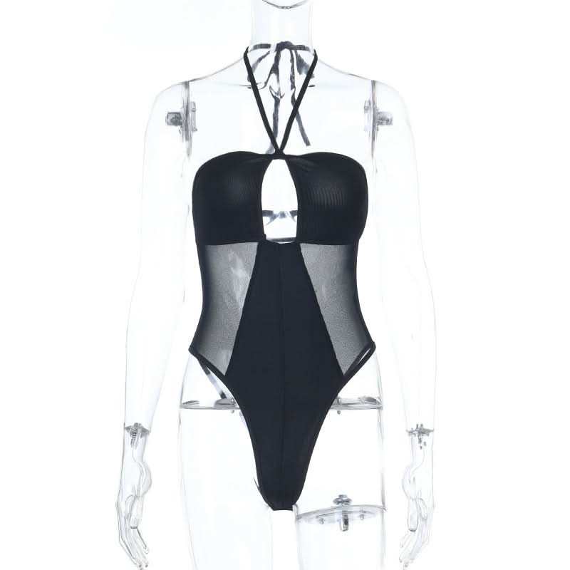 Sultry Black Halter Mesh Bodysuit | Daring Cutout & Sheer Panels - Perfect for Fall Nights & Halloween!