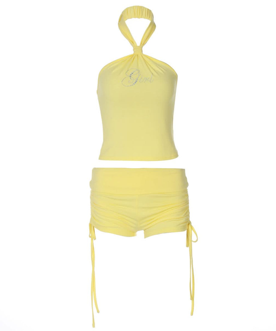 Sparkling Diva Yellow Halter & Drawstring Shorts Set – Your Chic Y2K Resort & Sunshine Lounge Essential