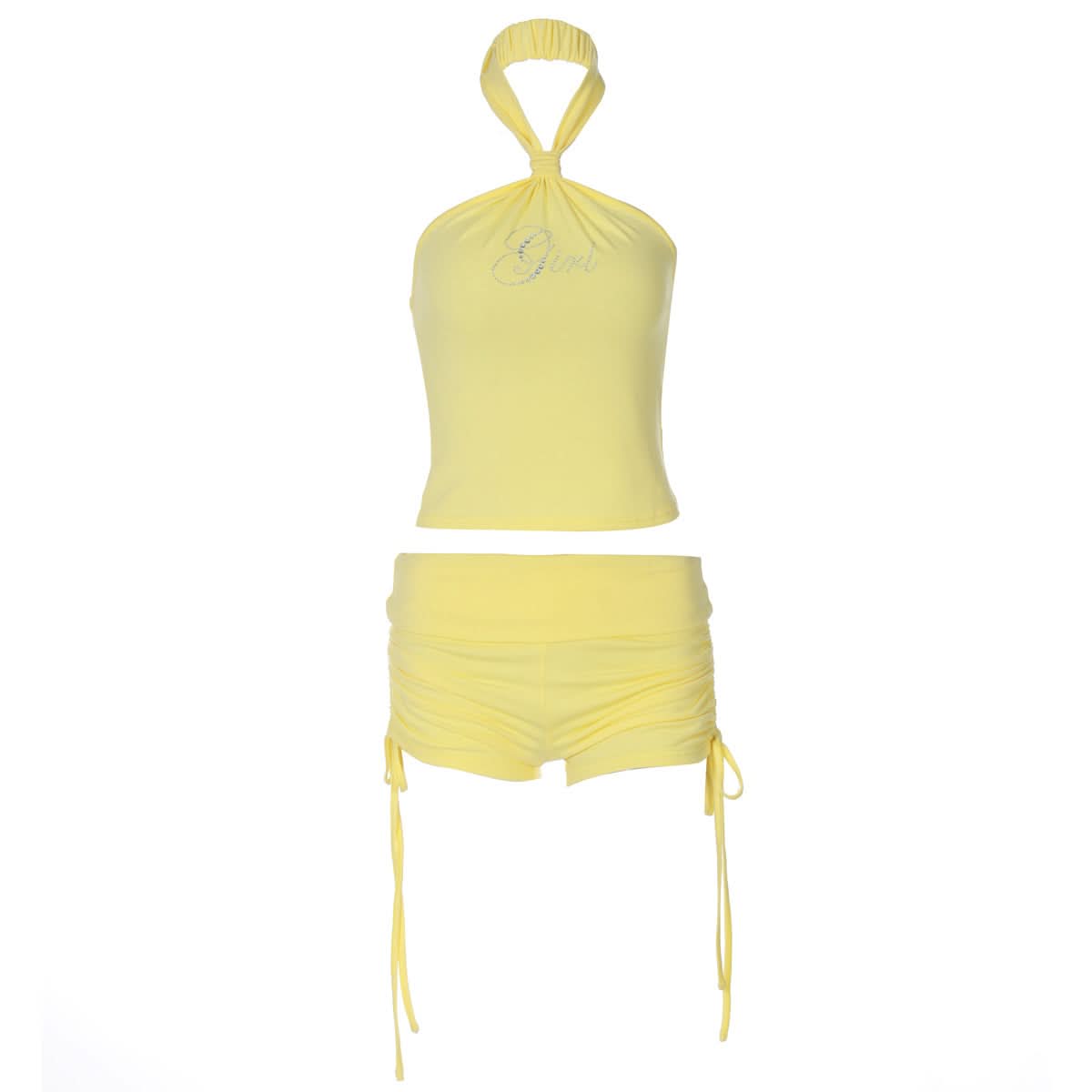 Sparkling Diva Yellow Halter & Drawstring Shorts Set – Your Chic Y2K Resort & Sunshine Lounge Essential
