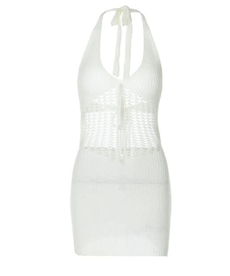 Trendy White Halter Knit Mini Dress - Chic Crochet Detail Resort & Vacation Essential