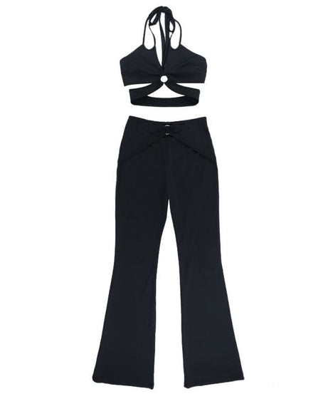 Trendy O-Ring Cut-Out Halter Crop Top & Flare Pant Set - Chic Black for Fall Nights