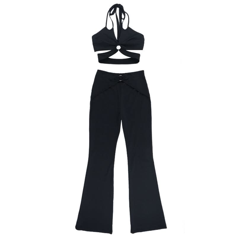 Trendy O-Ring Cut-Out Halter Crop Top & Flare Pant Set - Chic Black for Fall Nights