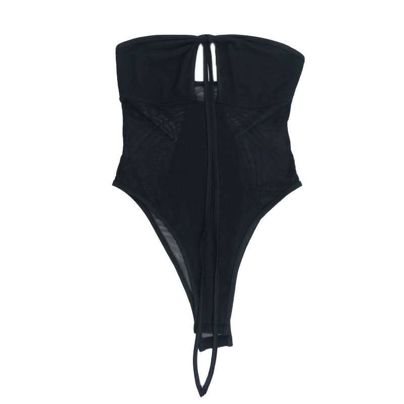 Sultry Black Halter Mesh Bodysuit | Daring Cutout & Sheer Panels - Perfect for Fall Nights & Halloween!