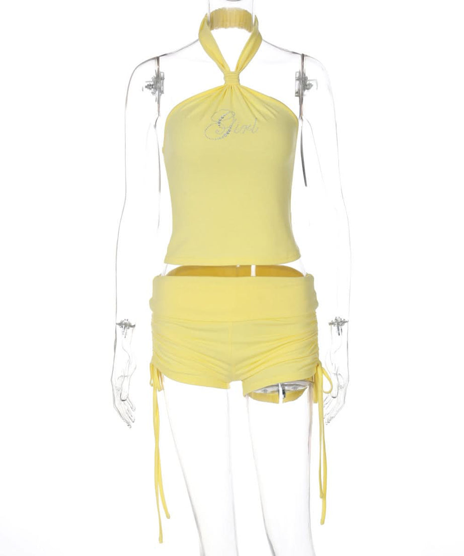 Sparkling Diva Yellow Halter & Drawstring Shorts Set – Your Chic Y2K Resort & Sunshine Lounge Essential