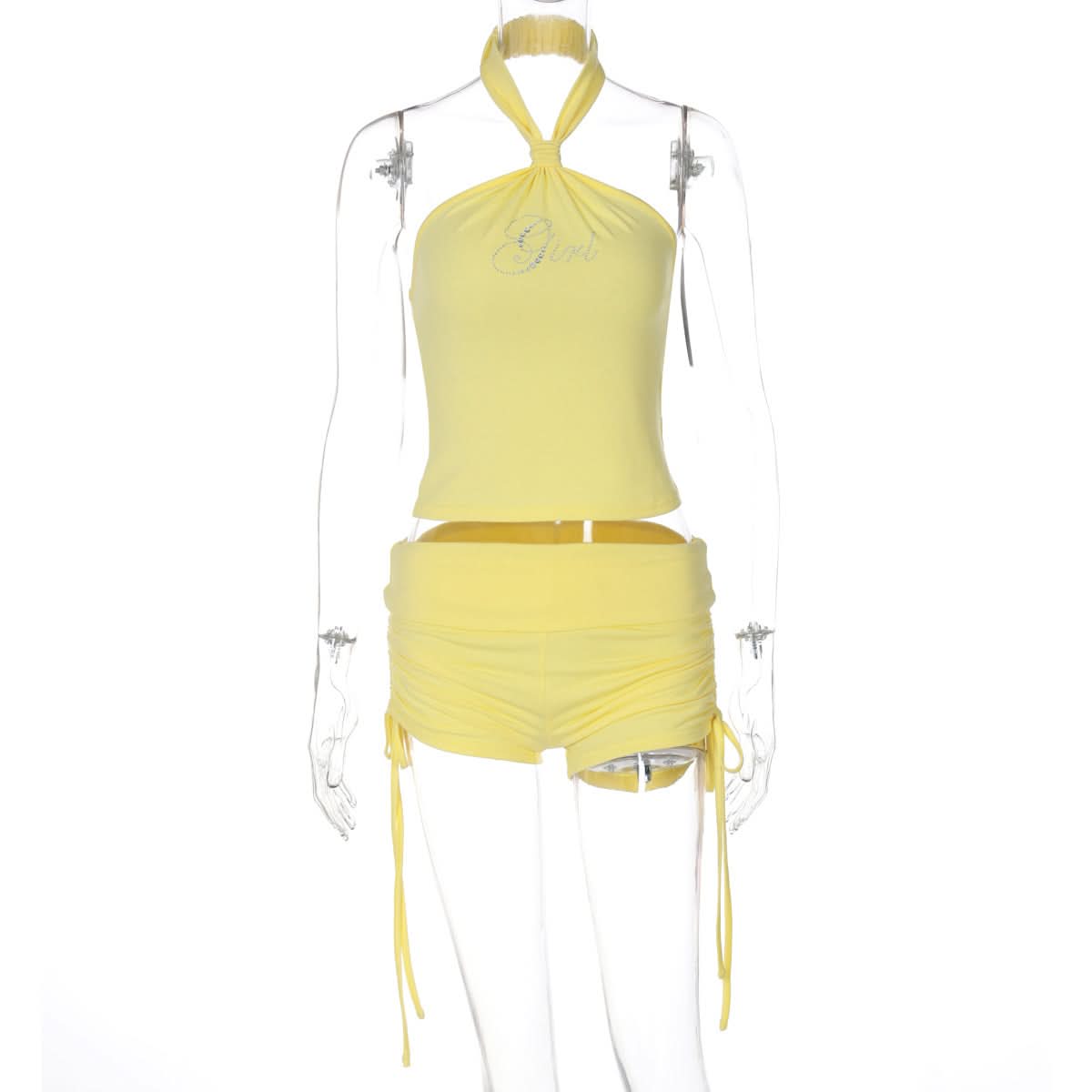 Sparkling Diva Yellow Halter & Drawstring Shorts Set – Your Chic Y2K Resort & Sunshine Lounge Essential