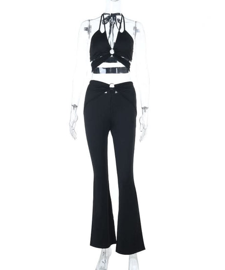 Trendy O-Ring Cut-Out Halter Crop Top & Flare Pant Set - Chic Black for Fall Nights