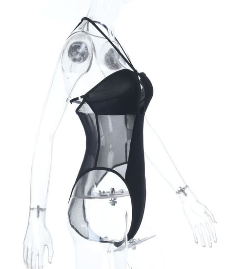 Sultry Black Halter Mesh Bodysuit | Daring Cutout & Sheer Panels - Perfect for Fall Nights & Halloween!