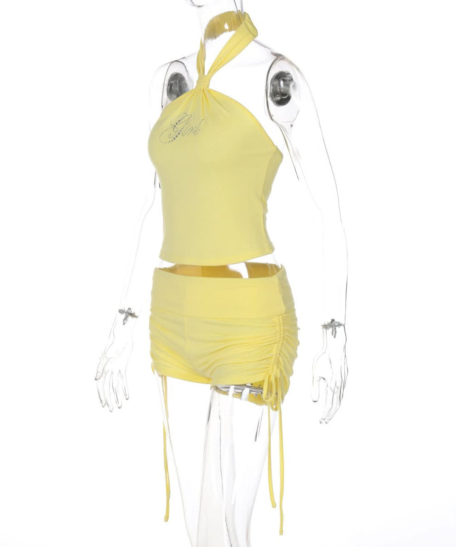 Sparkling Diva Yellow Halter & Drawstring Shorts Set – Your Chic Y2K Resort & Sunshine Lounge Essential