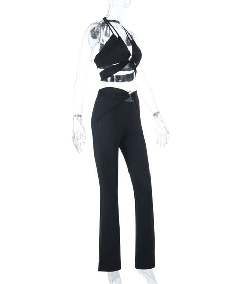 Trendy O-Ring Cut-Out Halter Crop Top & Flare Pant Set - Chic Black for Fall Nights