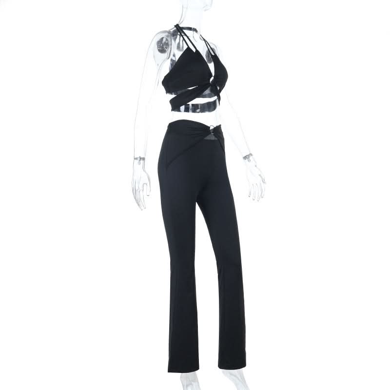 Trendy O-Ring Cut-Out Halter Crop Top & Flare Pant Set - Chic Black for Fall Nights