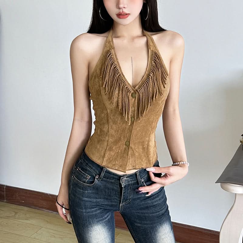 Western Chic Suede-Look Fringe Halter Vest Top - Boho Button Front Fall Fashion