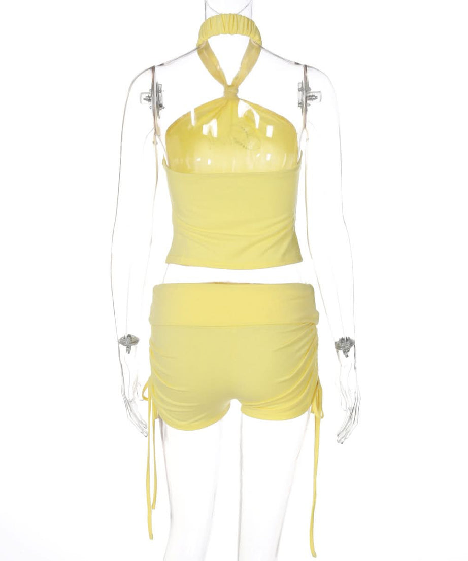 Sparkling Diva Yellow Halter & Drawstring Shorts Set – Your Chic Y2K Resort & Sunshine Lounge Essential