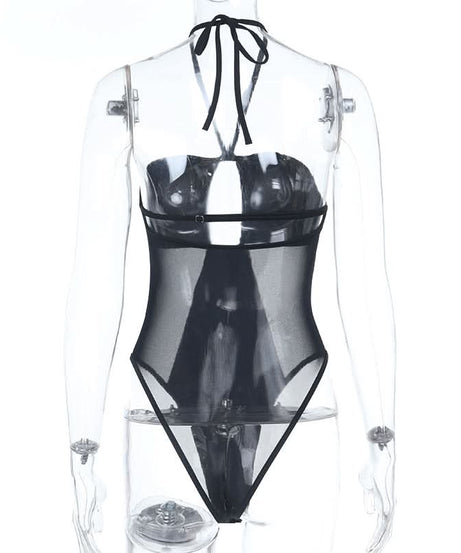 Sultry Black Halter Mesh Bodysuit | Daring Cutout & Sheer Panels - Perfect for Fall Nights & Halloween!