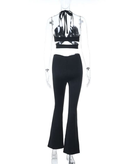 Trendy O-Ring Cut-Out Halter Crop Top & Flare Pant Set - Chic Black for Fall Nights