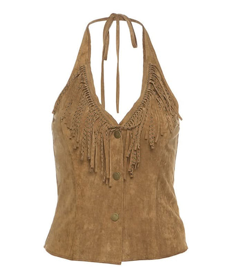 Western Chic Suede-Look Fringe Halter Vest Top - Boho Button Front Fall Fashion