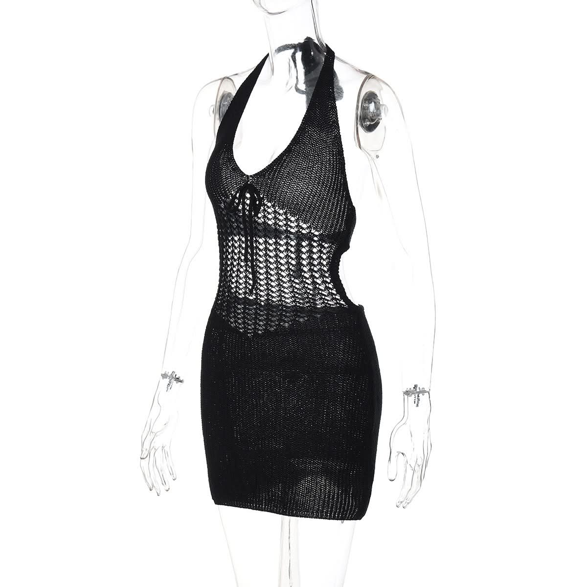 Trendy White Halter Knit Mini Dress - Chic Crochet Detail Resort & Vacation Essential