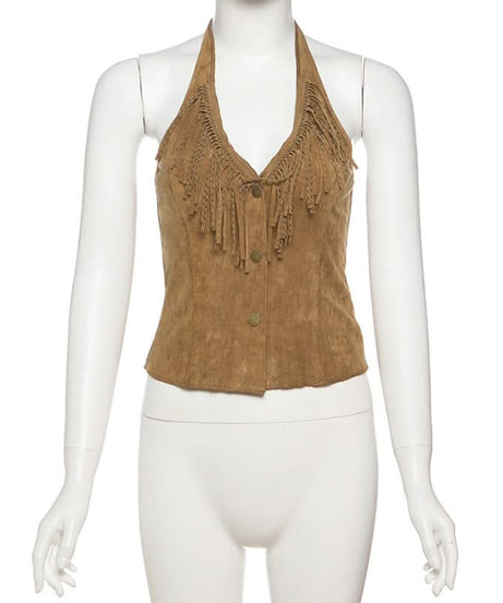 Western Chic Suede-Look Fringe Halter Vest Top - Boho Button Front Fall Fashion