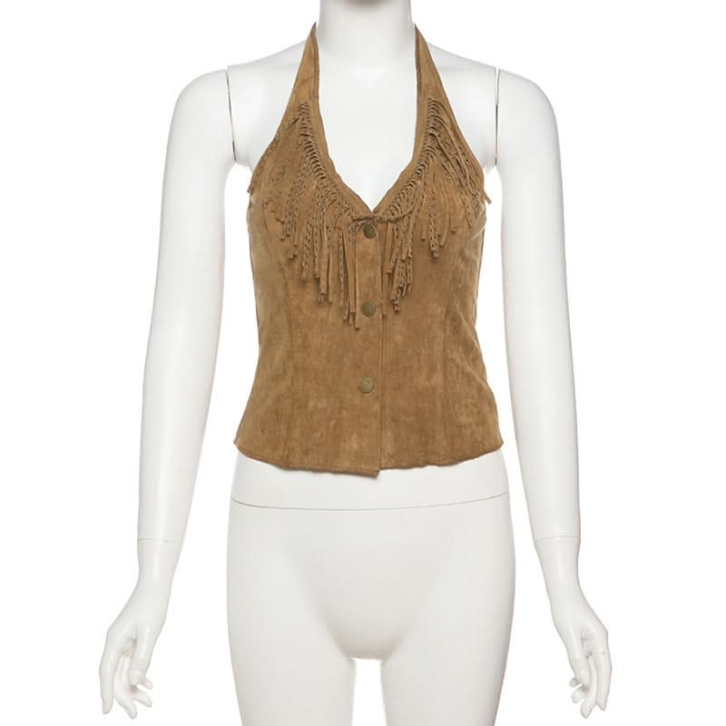 Western Chic Suede-Look Fringe Halter Vest Top - Boho Button Front Fall Fashion