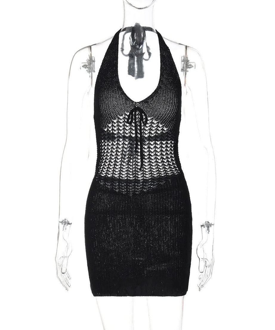 Trendy White Halter Knit Mini Dress - Chic Crochet Detail Resort & Vacation Essential