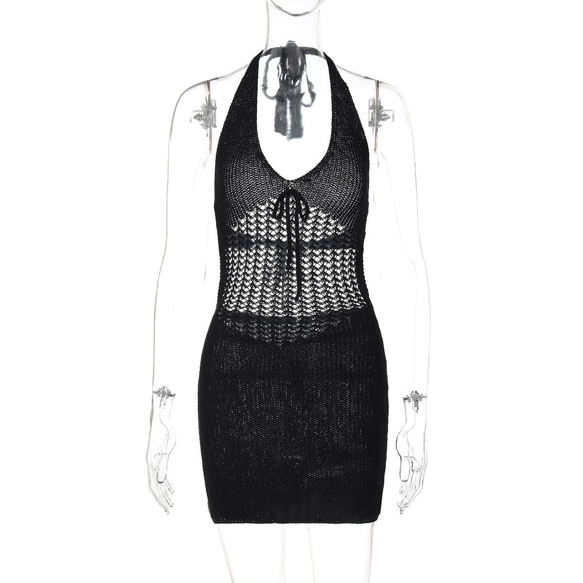 Trendy White Halter Knit Mini Dress - Chic Crochet Detail Resort & Vacation Essential